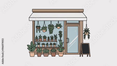 cartoon plant storefront with potted plants and hanging plants on display outside
