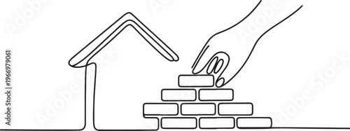 One line continuous building house Hand arranging bricks. One line draw graphic design vector
