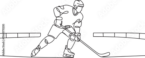 Single continuous line drawing of young professional ice hockey player pose stylish on ice rink arena. Extreme winter sport concept. One line draw graphic design vector