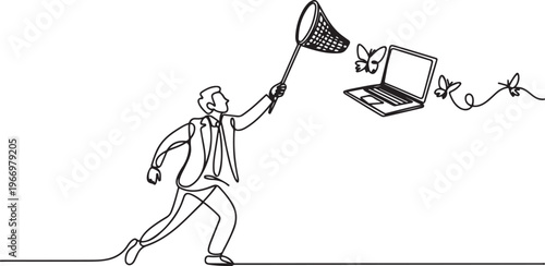 Single one line drawing attractive businessman try to catching flying laptop with butterfly net. System data computing for working efficiency. One line draw graphic design vector