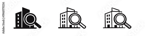 Single Building Search Icon Set. Real Estate and Property Research with Magnifying Glass Symbol.