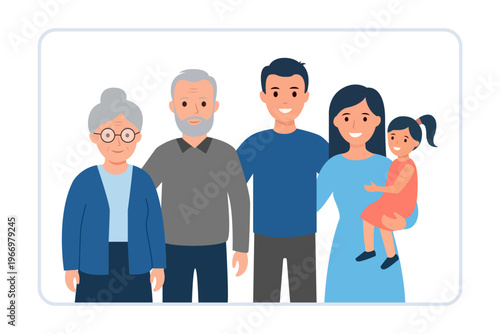 Happy extended family sitting on a bench. Grandparents, parents, and children together. Flat vector illustration of multi-generational family bonding isolated on white background.
