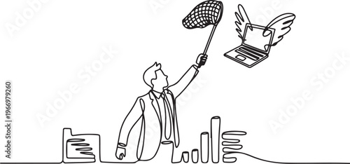 Single one line drawing attractive businessman try to catching flying laptop with butterfly net. System data computing for working efficiency. One line draw graphic design vector