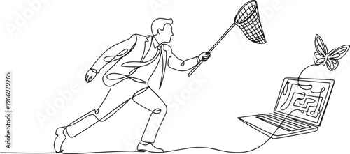 Single one line drawing attractive businessman try to catching flying laptop with butterfly net. System data computing for working efficiency. One line draw graphic design vector