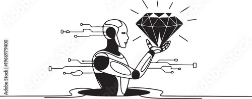 Single one line drawing robot bearing big diamond from underground. Future technology development. Artificial intelligence and machine learning. One line draw graphic design vector