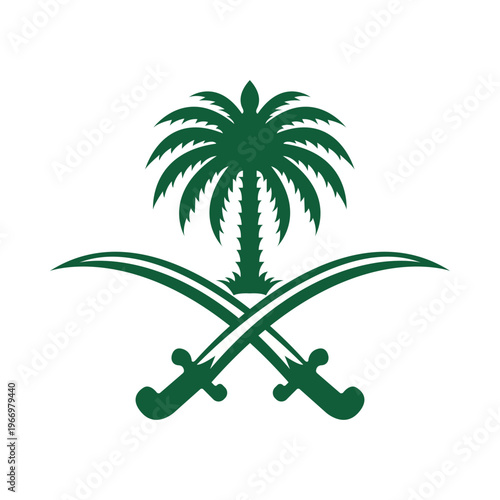 Saudi Arabia national emblem featuring a green palm tree above two crossed swords. Isolated vector illustration of the Saudi Kingdom coat of arms.