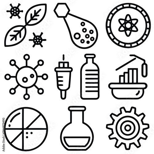 A collection of intricate illustrations of scientific symbols, representing elements of the natural world, biological entities, and technological concepts, all rendered in a clean, professional style.