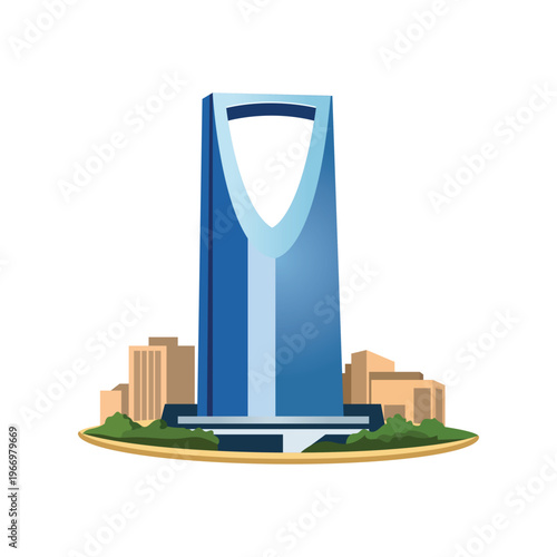 Vector illustration of Kingdom Centre tower in Riyadh, Saudi Arabia. Modern skyscraper architecture and city skyline landmark. Middle East business and travel concept isolated on white background.