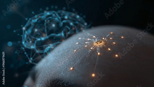 Human Brain Computer Interface Chip with Glowing Neural Connections - Generative AI