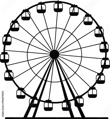Ferris wheel silhouette vector with cabins, amusement park ride illustration, carnival entertainment attraction design