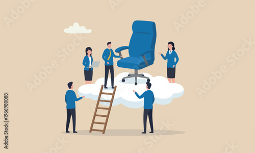 Career success promoted management opportunity or ladder of success concept, management office chair on cloud with ladder for talent and employee to climb up