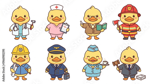  Set of funny cartoon animals featuring a cute duck, character collection in a vector illustration style Animal in Uniform, Doctor, Nurse, Firefighter, Air Hostess, Flight Captain, Teacher, Engineer