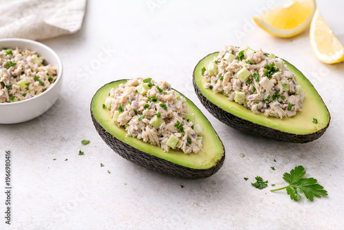 Tuna salad stuffed avocado halves