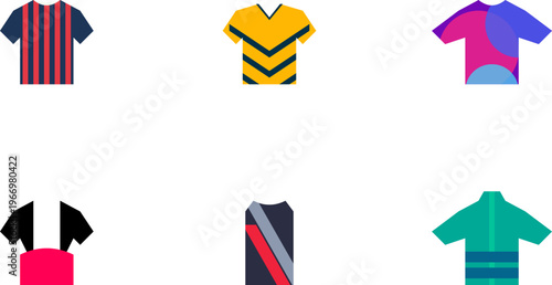 Hand-drawn collection of colorful stylized football soccer jersey icons with geometric patterns and vibrant athletic team authentic illustration