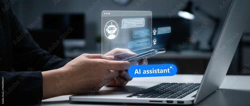Naklejka premium Engaging ai assistant interaction for productivity enhancement home office digital content modern workspace user-centric technology integration