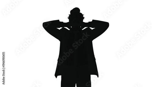 Person silhouette stretches arms over head in a gesture of relief or morning exercise against white.
