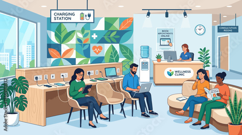 Modern Healthcare Clinic Waiting Room with Charging Station