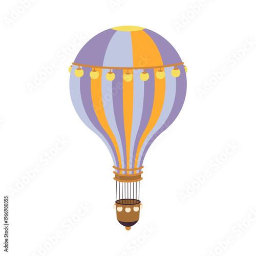 Whimsical striped hot air balloon with decorative lights on a white isolated background vector illustration