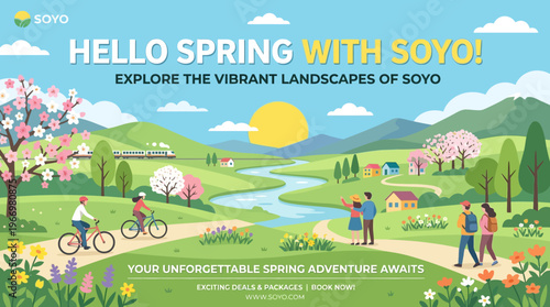 Vibrant Spring Landscape with People Enjoying the Outdoors