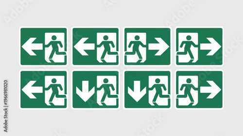 Emergency exit signs with arrows and human figures