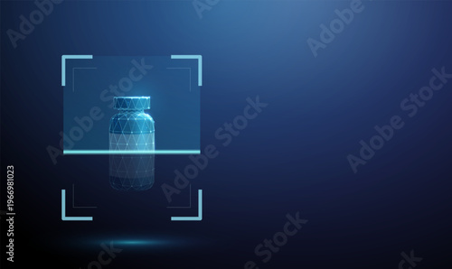 3d blue medicine bottle inside digital scanning frame. Pharmaceutical analysis, drug verification, medication quality control, safety assessment, regulatory inspection concept.