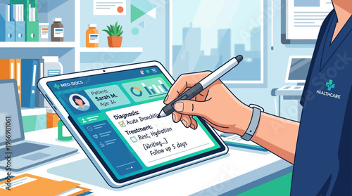 Medical Professional Using Tablet in Modern Clinic