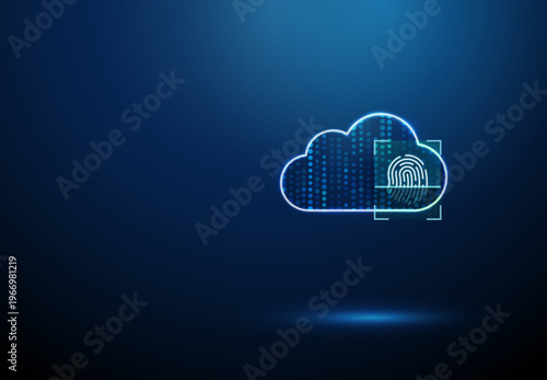 3d blue fingerprint inside cloud of data within digital scanning frame. Biometric authentication, cloud security, identity verification, secure data access concept.