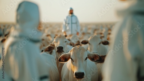 A focused group of cows stands in the center with veterinarians in protective gear blurred at the sides. This ultra-realistic image highlights modern livestock agriculture and veterinary care.