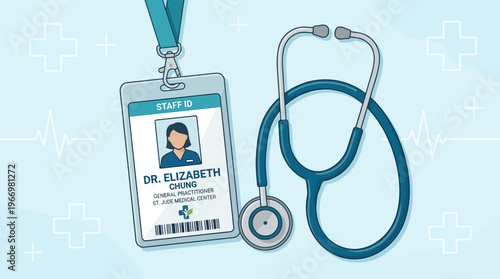Medical Staff ID and Stethoscope on Blue Background