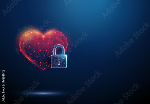 3d heart symbol with blue padlock Loyalty, fidelity, long-term relationship stability, mutual trust, emotional security, commitment, devotion, reliability in partnership concept.