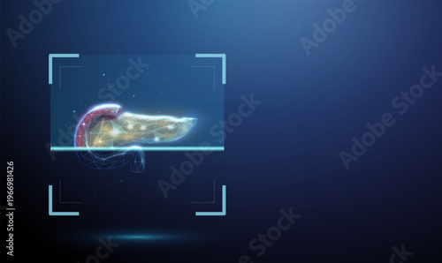 3d human pancreas inside digital scanning frame. Pancreatic examination, organ function analysis, endocrine and digestive system diagnostics, clinical evaluation concept.