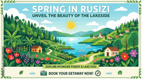Spring Lakeside Scene Rusizi Travel Poster