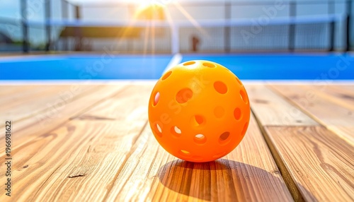 Close up of an orange pickleball resting on a wooden court surface during a sunny day.