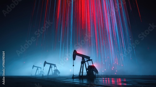 Three oil pumpjacks operate in a misty night oilfield under glowing red and blue trading lines. The scene evokes declining oil markets with a cinematic, dramatic mood.