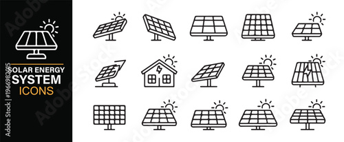 Eco friendly solar panel and electricity system icons