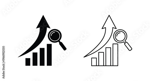 a magnifying glass over a growing bar chart with an upward arrow Vector