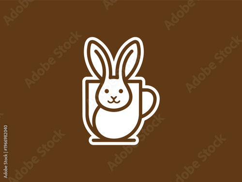 Bunny coffee cup logo vector rabbit mascot minimalist cafe icon brown background