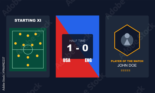 Hand-drawn digital sports social media templates featuring soccer lineup score updates and player of the match authentic illustration