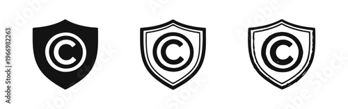 Copyright shield protection vector icon set. Intellectual property rights symbol. Creative content safety.