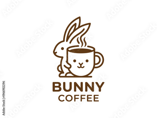 Bunny coffee logo vector rabbit and cup mascot with typography minimalist cafe branding
