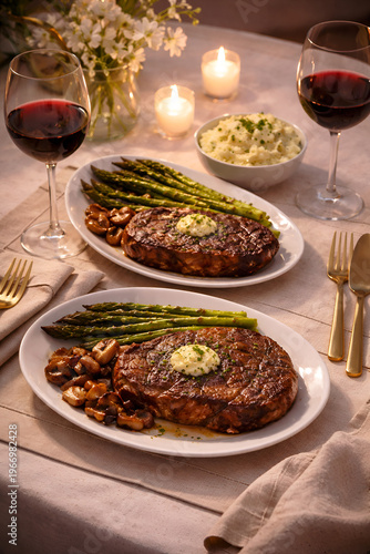 Date night keto dinner for two with steak and asparagus