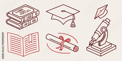 Educational in red line style books graduation cap microscope