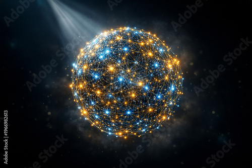 Glowing AI network sphere symbolizes smart data systems. Futuristic digital globe shows neural links and global connectivity. Abstract tech background for machine learning and innovation.