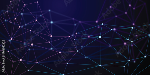 Abstract digital network background with glowing connected nodes and bright lines on a dark blue gradient illustrating data communication, technology flow, and futuristic connectivity.
