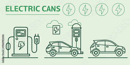 Electric cars charging at stations with green lightning bolts electric vehicles charging stations