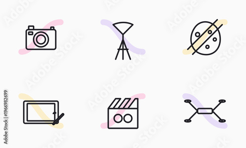 Set of photography and videography equipment icons including camera tripod tablet and drone