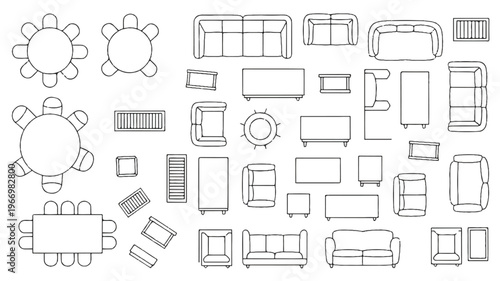 line drawing of various furniture items for interior design and decoration purposes