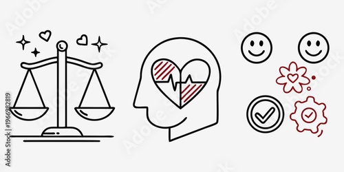 Mental health and wellness including hearts and balance scales smiley faces