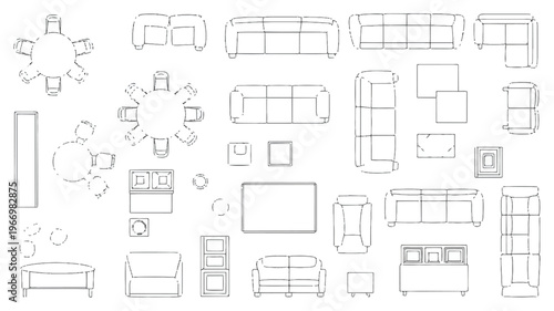 Line drawings of various living room furniture sets and layouts are shown