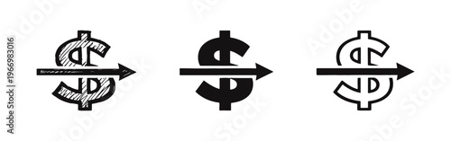Money transfer or payment transaction vector icon set. Dollar sign with arrow symbolizing exchange.